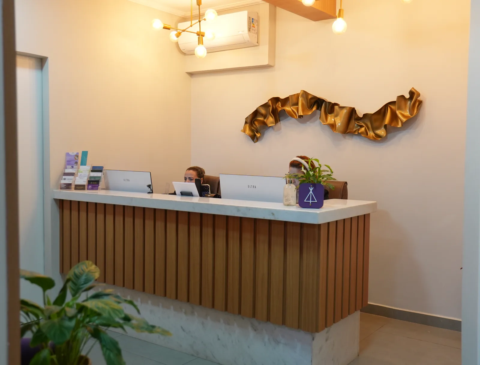 Balcão de recepção da MedSoul em madeira ripada, com luminária dourada e plantas